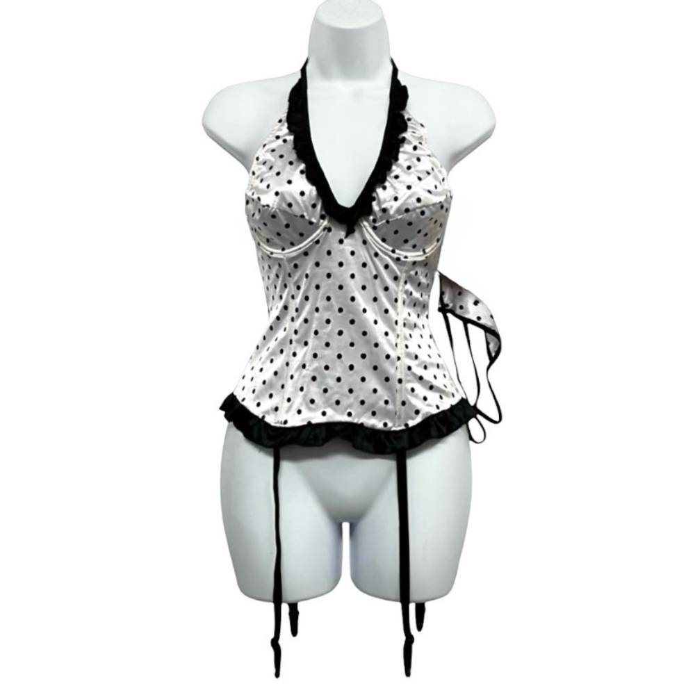Pinup Polka Dot Halter Bustier Garter Set White Black Satin Size S Vintage Retro
